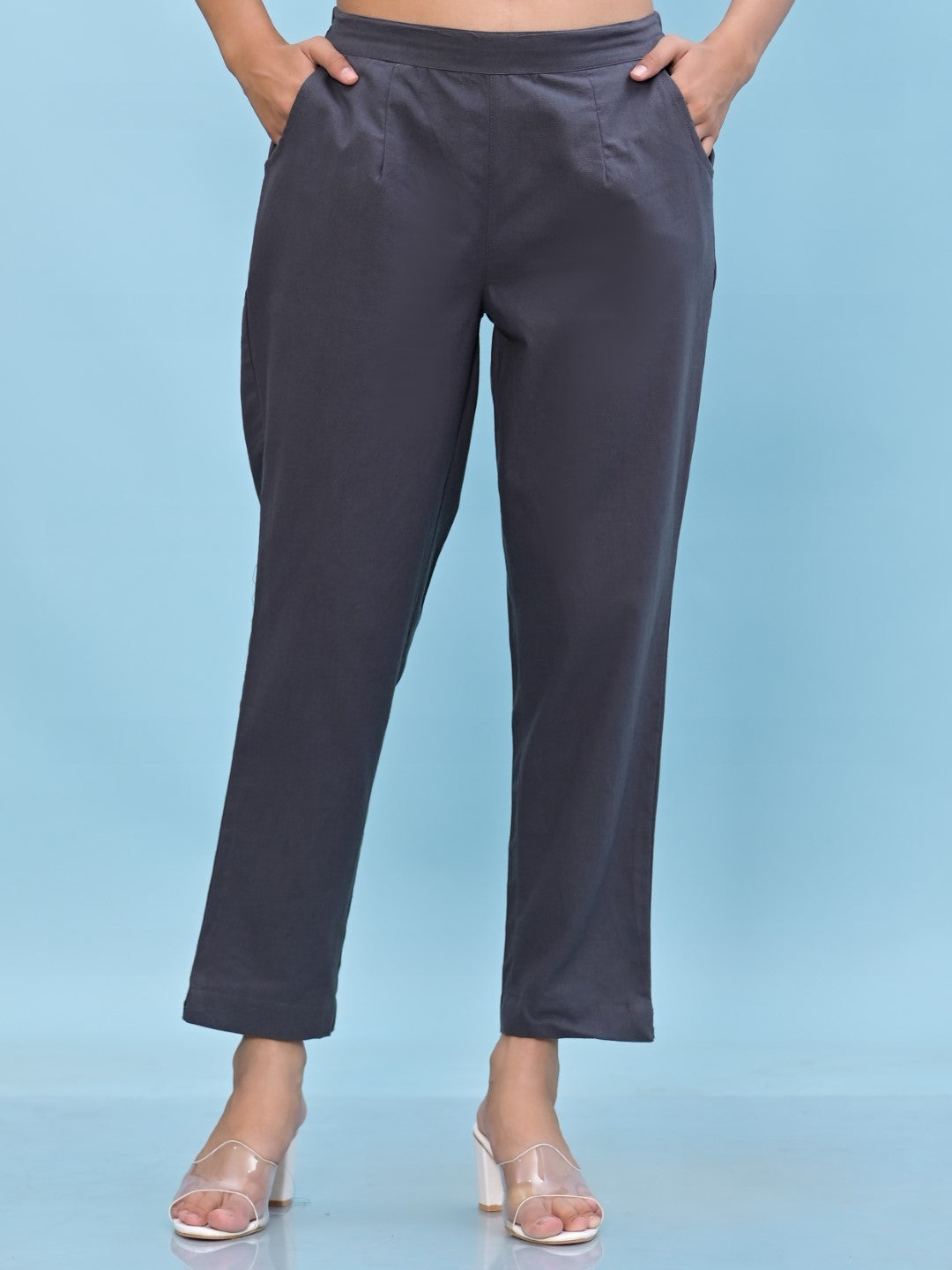 Juniper Women's Grey Solid Cotton Pants with Partially Elasticated Waistband and Two Side Pockets