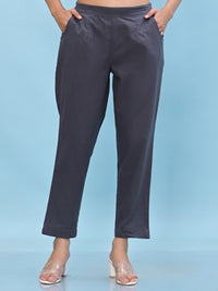 Thumbnail for Juniper Women's Grey Solid Cotton Pants with Partially Elasticated Waistband and Two Side Pockets