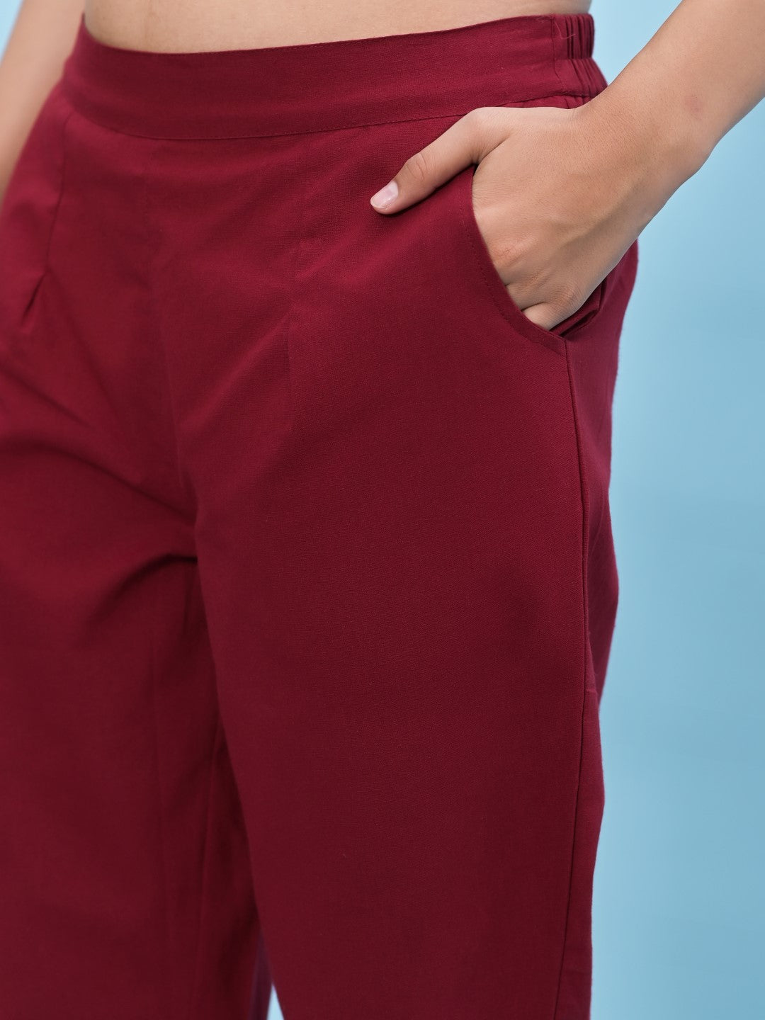 Juniper Women's Maroon Solid Cotton Pants with Partially Elasticated Waistband and Two Side Pockets - Distacart