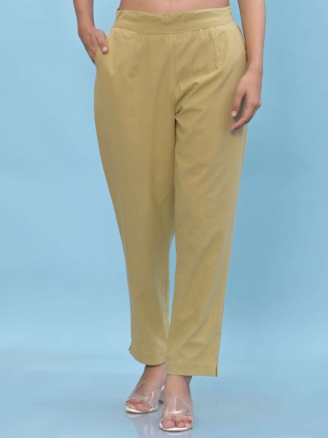 Juniper Women's Olive Solid Cotton Pants with Partially Elasticated Waistband and Two Side Pockets - Distacart