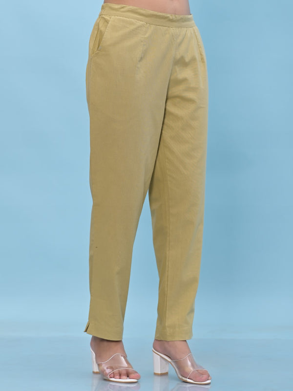 Juniper Women's Olive Solid Cotton Pants with Partially Elasticated Waistband and Two Side Pockets - Distacart