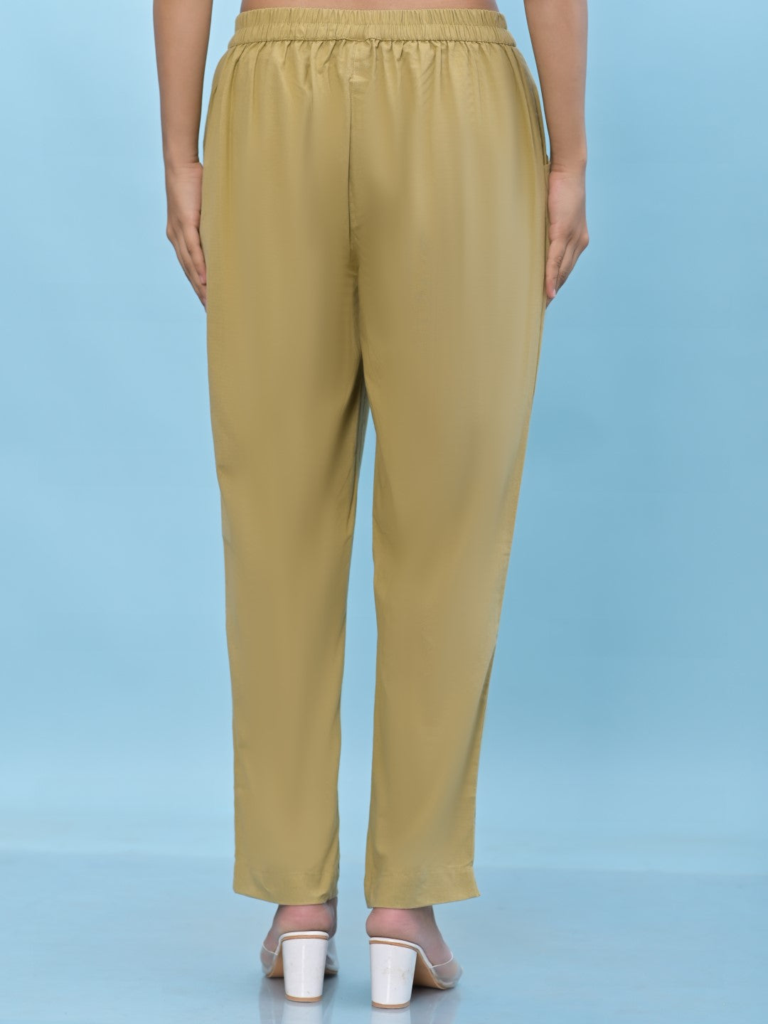 Juniper Women's Olive Solid Cotton Pants with Partially Elasticated Waistband and Two Side Pockets - Distacart
