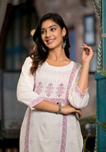 Thumbnail for Juniper Women's White Ethnic Motif Printed Rayon Round NeckKurta With Straight Hemline - Distacart