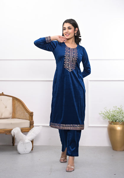 Juniper Women's Velvet Blue Kurta & Pant Set With Thread Work & Sequins - Distacart