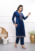 Thumbnail for Juniper Women's Velvet Blue Kurta & Pant Set With Thread Work & Sequins - Distacart