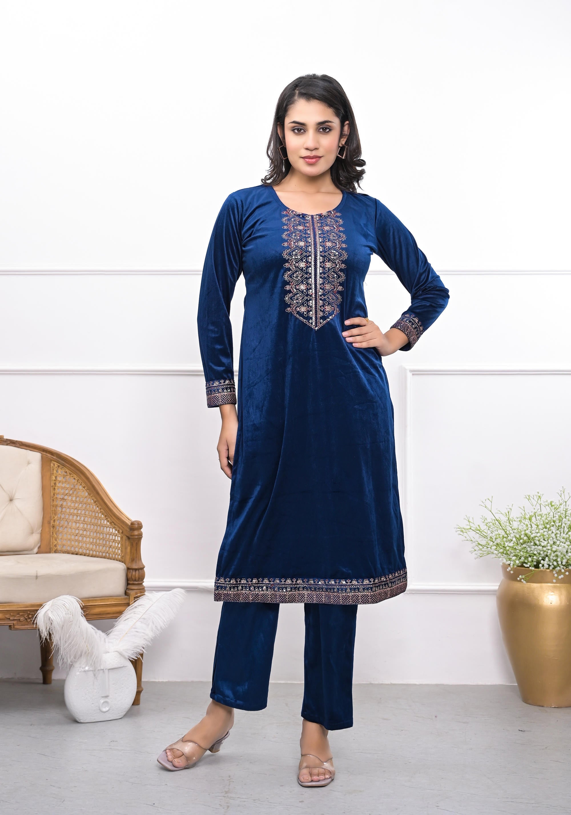 Juniper Women's Velvet Blue Kurta & Pant Set With Thread Work & Sequins - Distacart