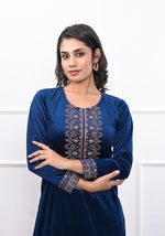 Thumbnail for Juniper Women's Velvet Blue Kurta & Pant Set With Thread Work & Sequins - Distacart