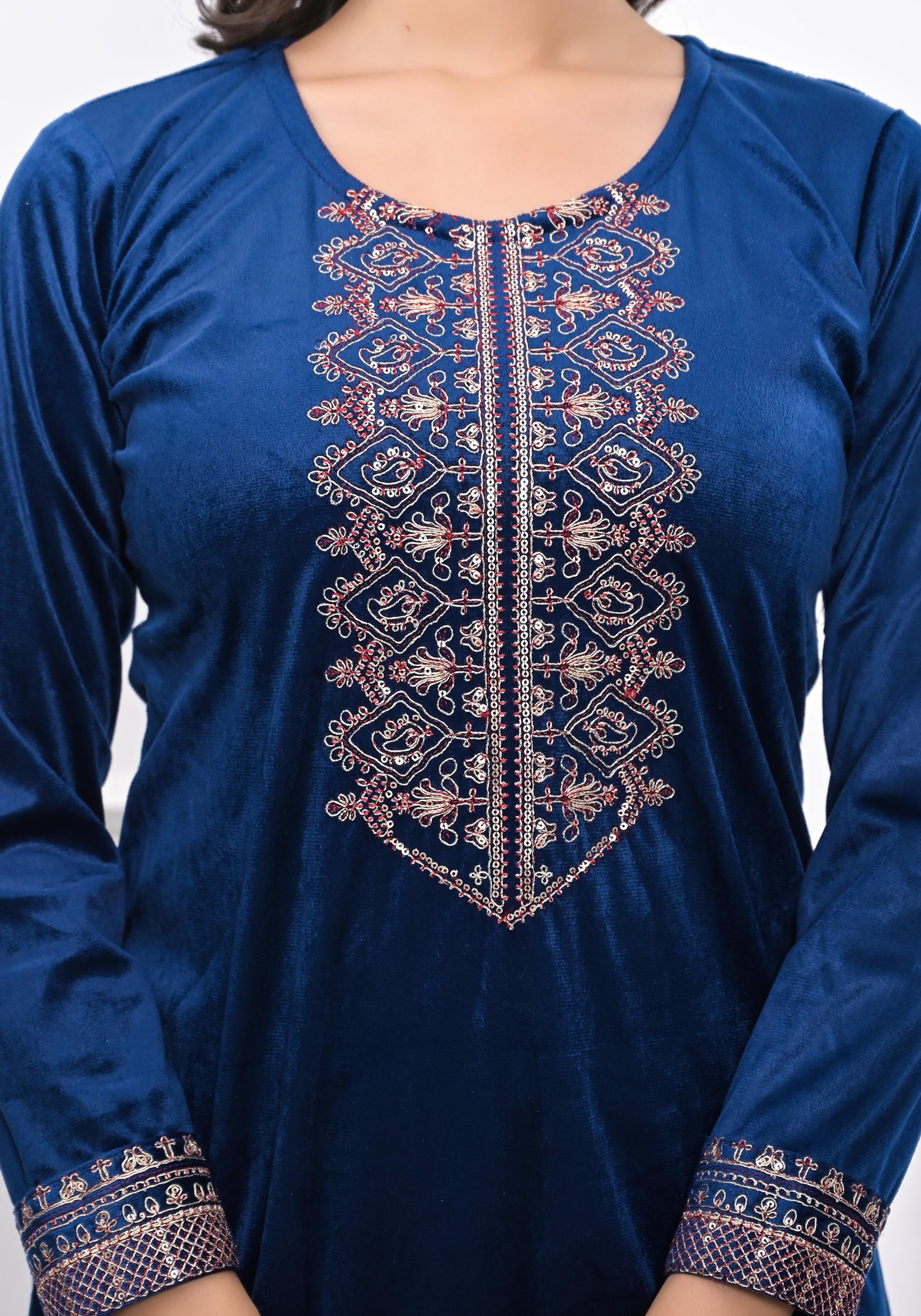 Juniper Women's Velvet Blue Kurta & Pant Set With Thread Work & Sequins - Distacart