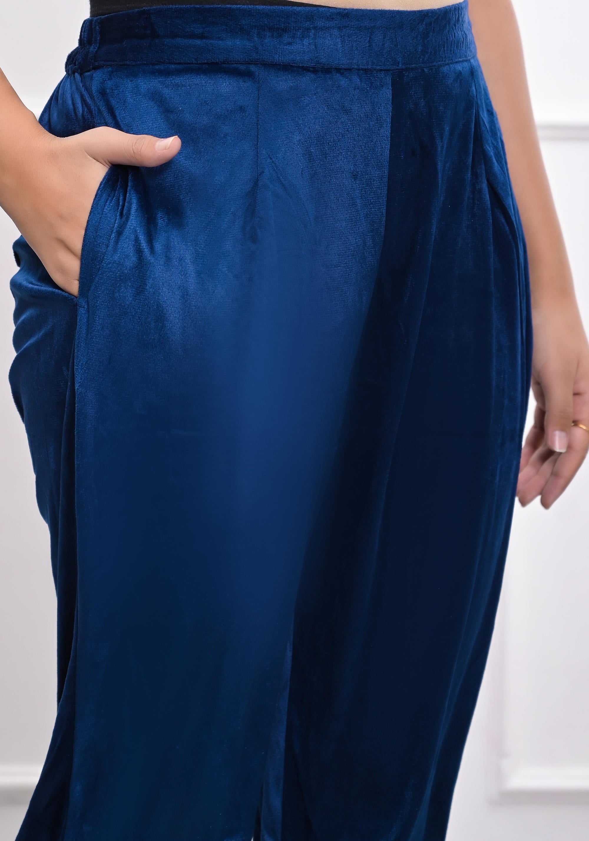 Juniper Women's Velvet Blue Kurta & Pant Set With Thread Work & Sequins - Distacart