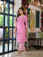 Thumbnail for Juniper Women's Pink Floral Printed Cotton Kurta Set With Lace - Distacart