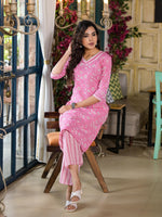 Thumbnail for Juniper Women's Pink Floral Printed Cotton Kurta Set With Lace - Distacart