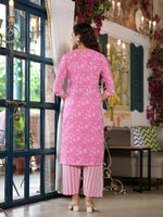Thumbnail for Juniper Women's Pink Floral Printed Cotton Kurta Set With Lace - Distacart