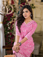 Thumbnail for Juniper Women's Pink Floral Printed Cotton Kurta Set With Lace - Distacart
