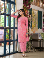 Thumbnail for Juniper Women's Peach Floral Printed Cotton Kurta & Pant Set With Lace & Buttons - Distacart
