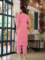 Thumbnail for Juniper Women's Peach Floral Printed Cotton Kurta & Pant Set With Lace & Buttons - Distacart