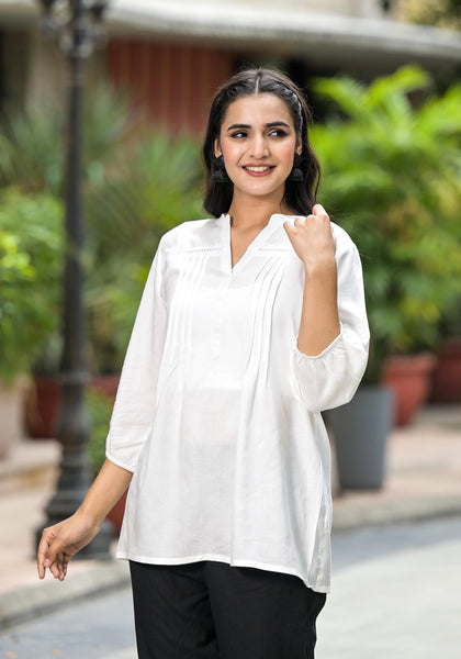 Juniper Women's White Solid Rayon Top With Mandarin Collar - Distacart