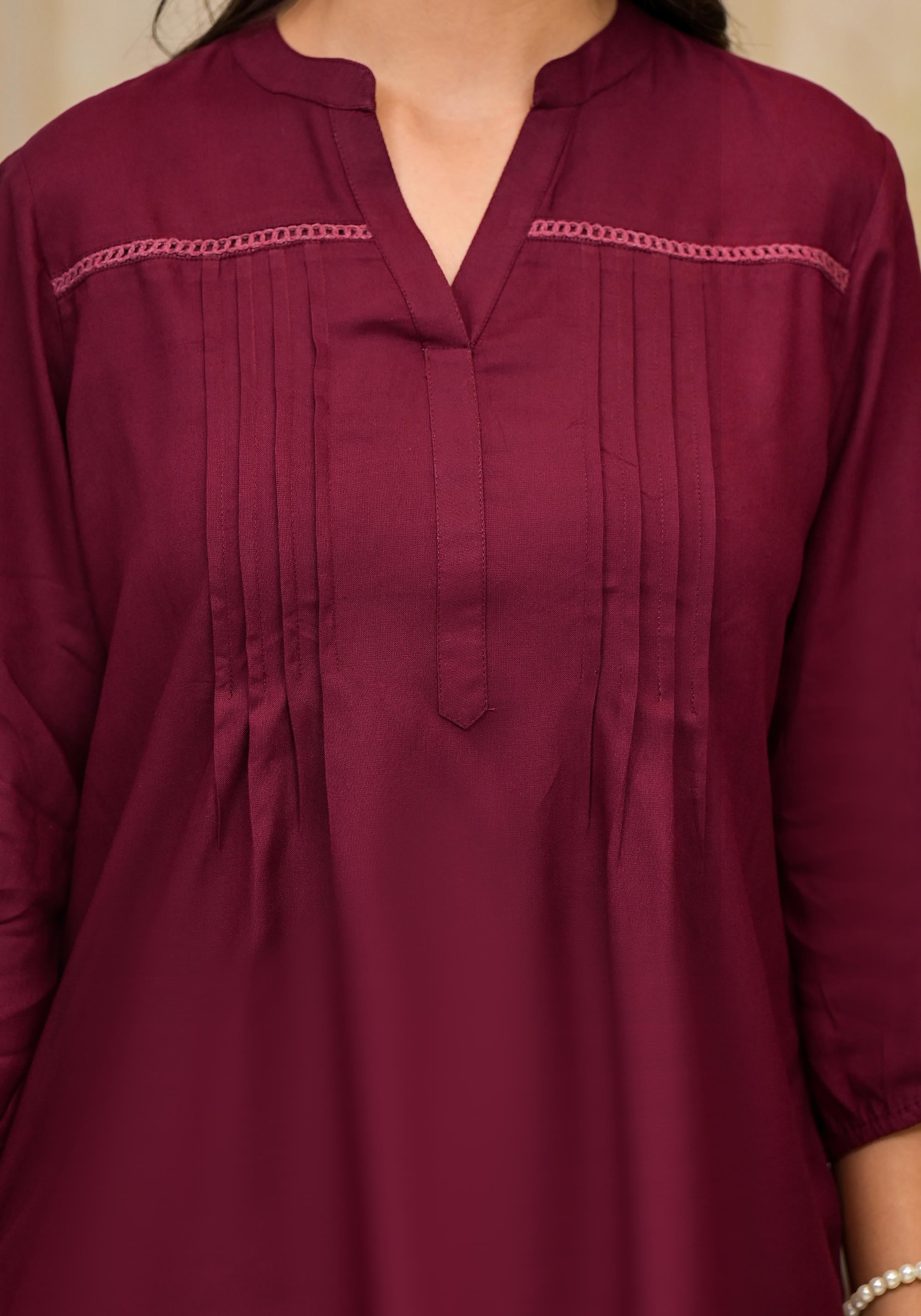 Juniper Women's Wine Solid Rayon Tunic Top With Thread Work - Distacart