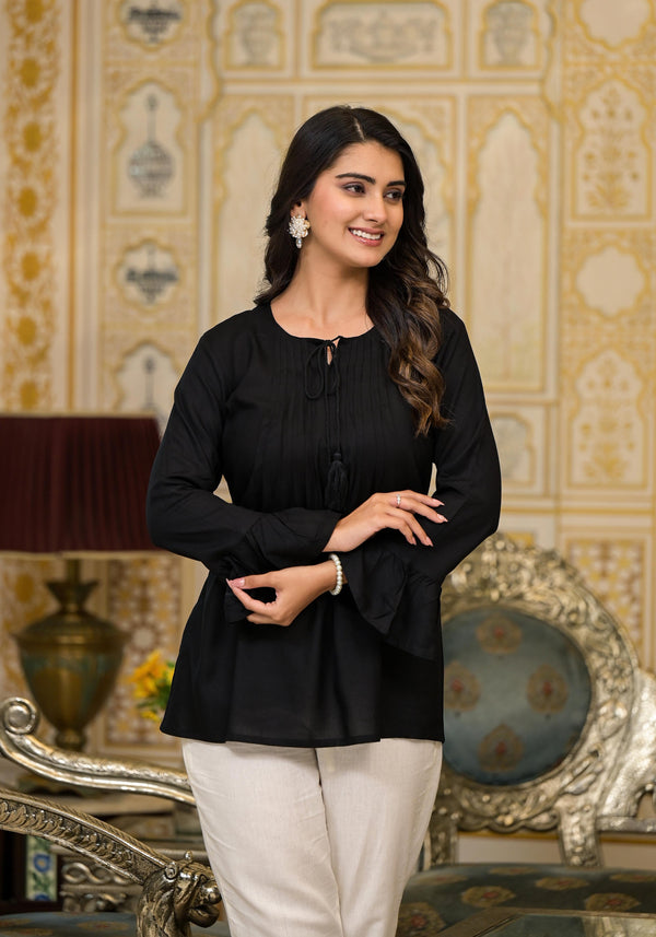 Juniper Women's Black Solid Rayon Top With Tassels &Doris - Distacart