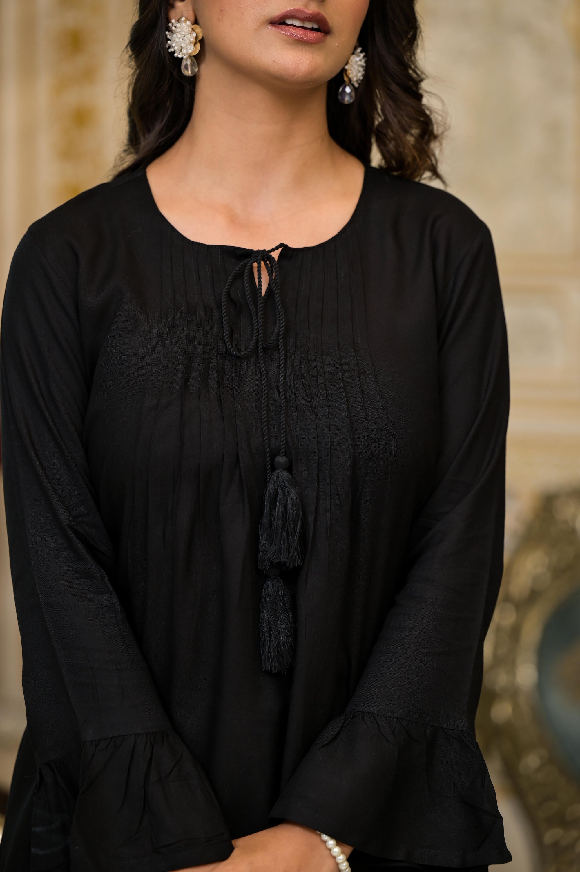 Juniper Women's Black Solid Rayon Top With Tassels &Doris - Distacart