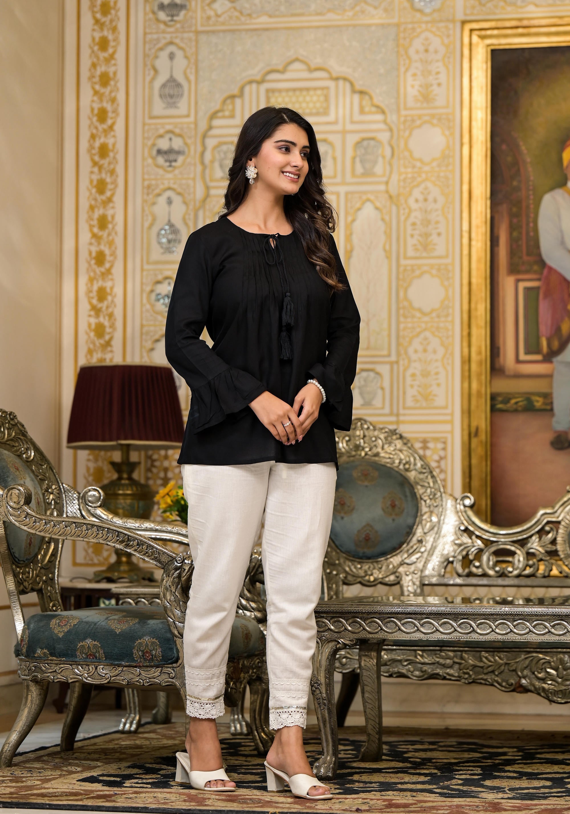 Juniper Women's Black Solid Rayon Top With Tassels &Doris - Distacart