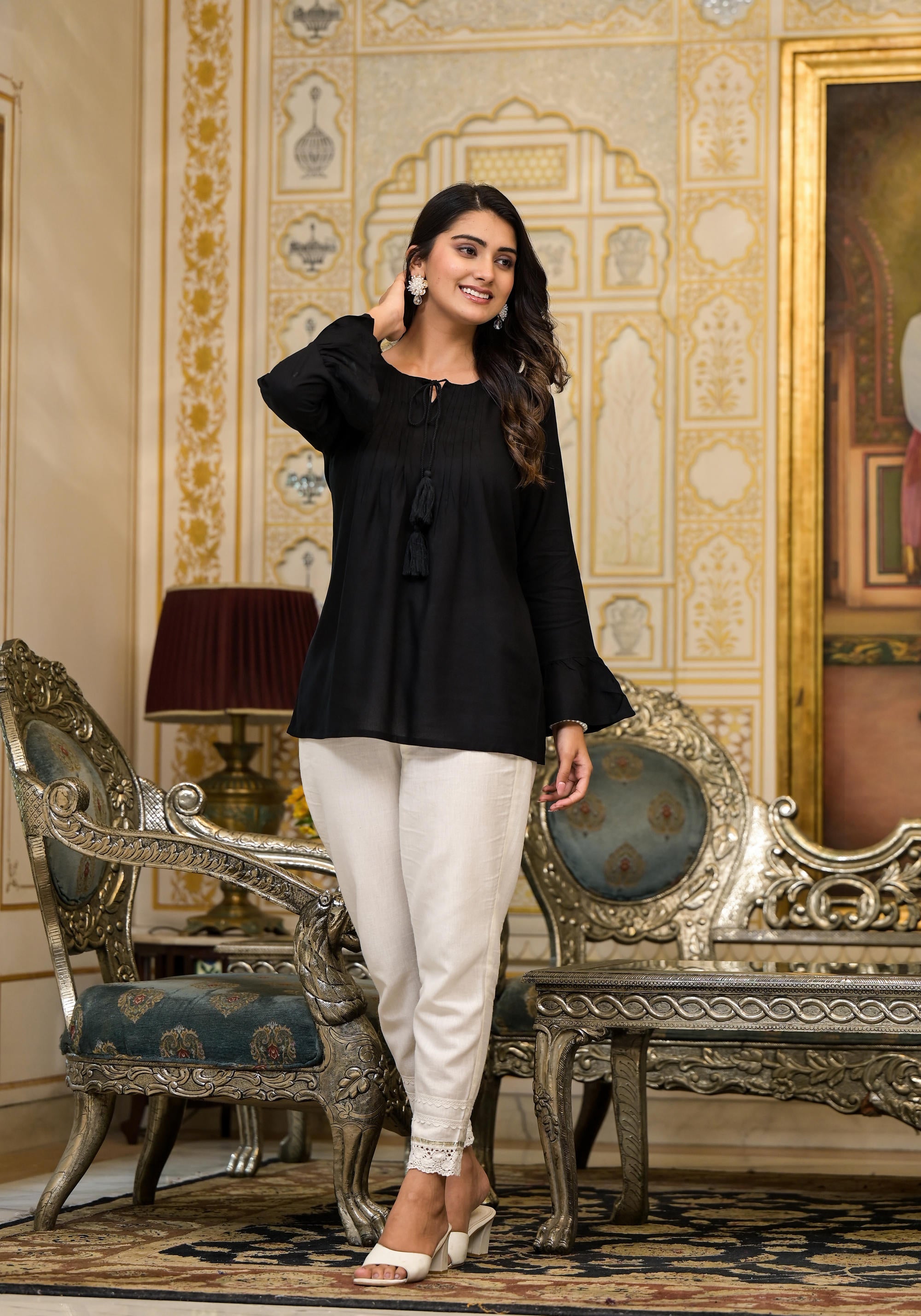 Juniper Women's Black Solid Rayon Top With Tassels &Doris - Distacart