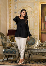 Thumbnail for Juniper Women's Black Solid Rayon Top With Tassels &Doris - Distacart