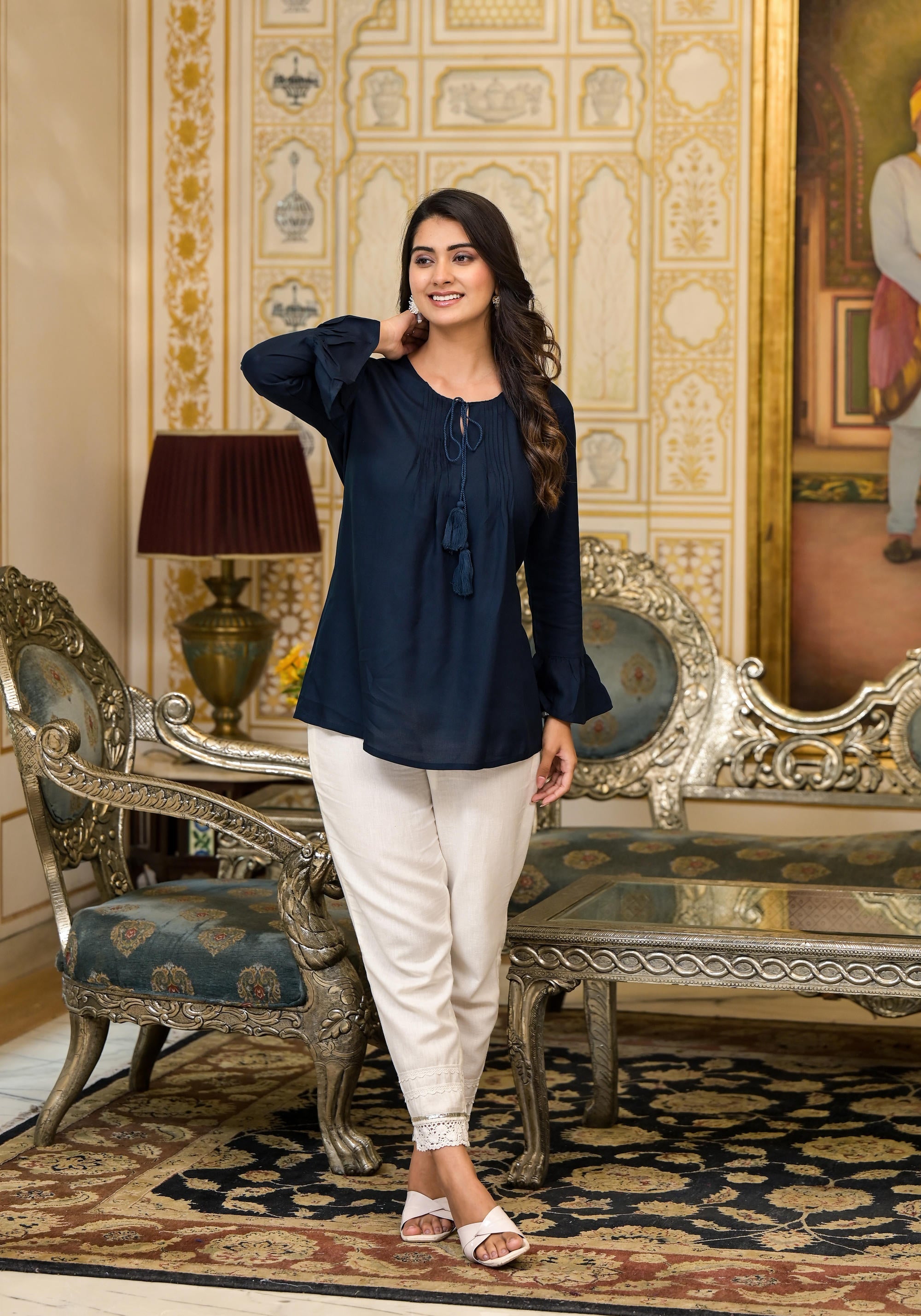 Juniper Women's Navy Blue Solid Rayon Top With Tassels &Doris - Distacart