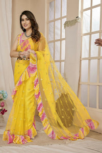 Thumbnail for Partywear Designer Yellow Net Fancy Saree - Dyuti