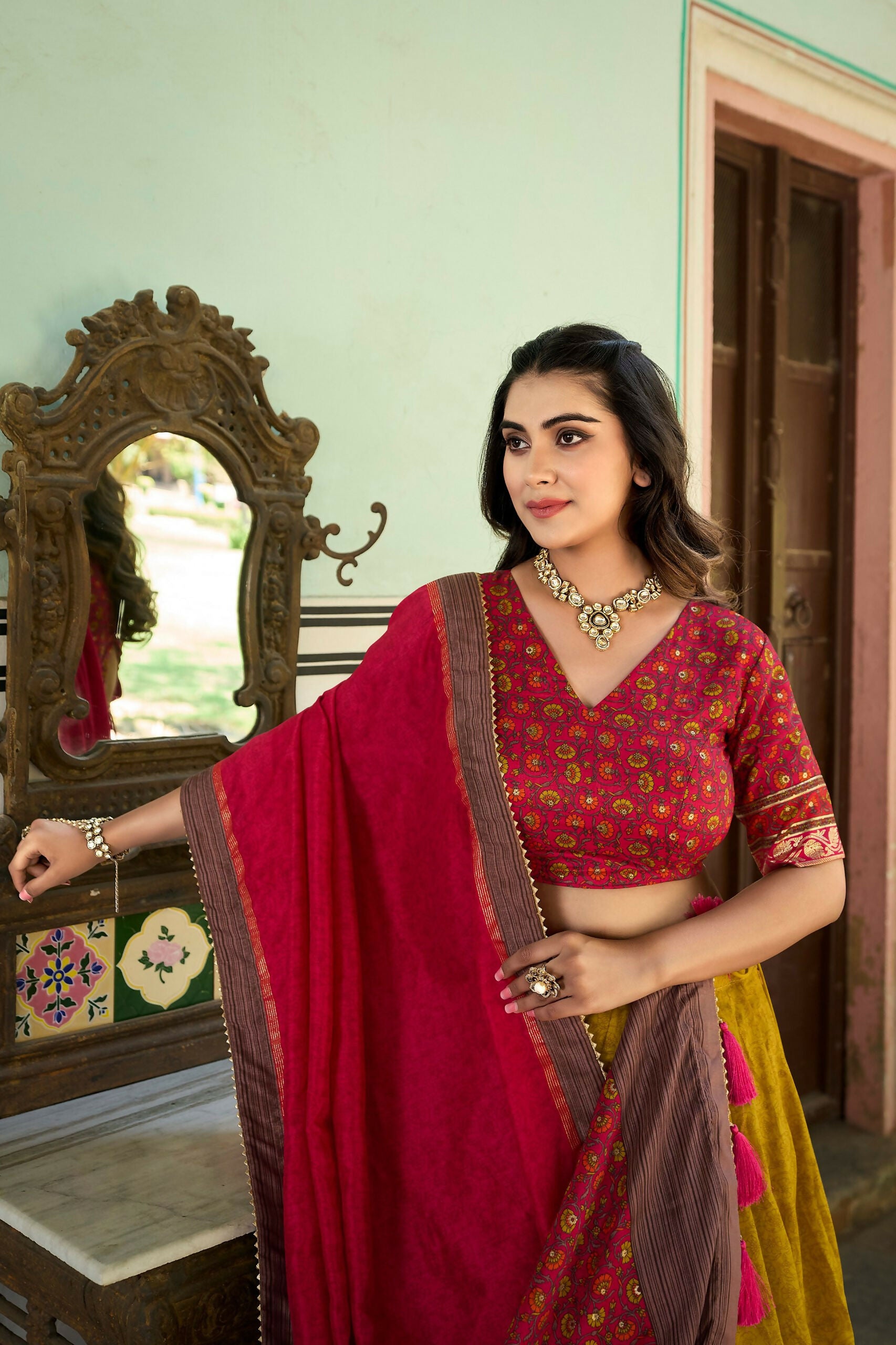 Vastranavya Kashmiri Print With Foil Print Lehenga With Unstitched Printed Blouse - Mustard - Distacart