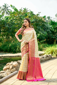 Thumbnail for Aastha Fashion Off White Woven Kanchipuram Silk Saree with Blouse - Distacart