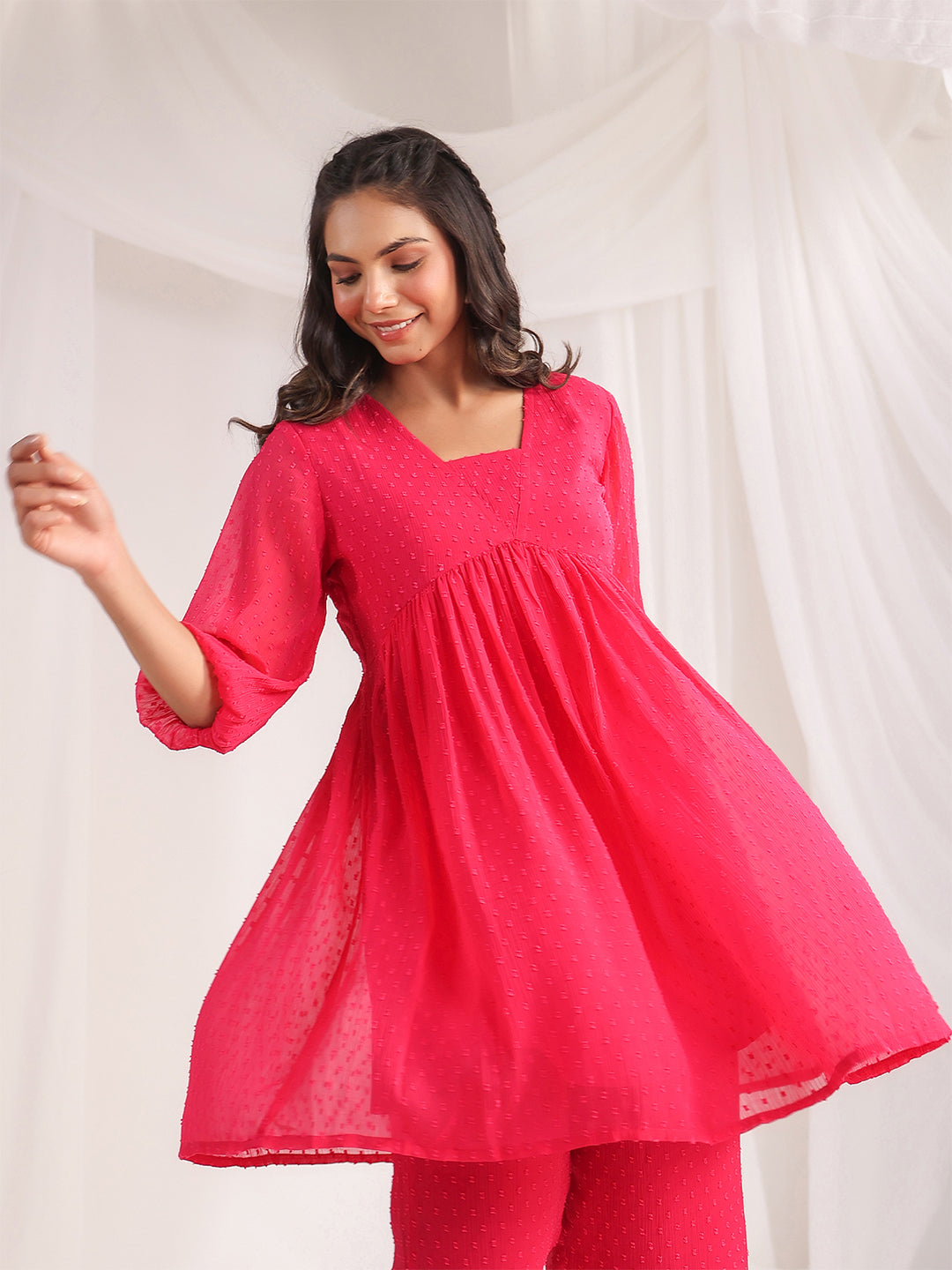 Janasya From Style Master Dobby Georgette Self Design Gathered Top & Bottom Set