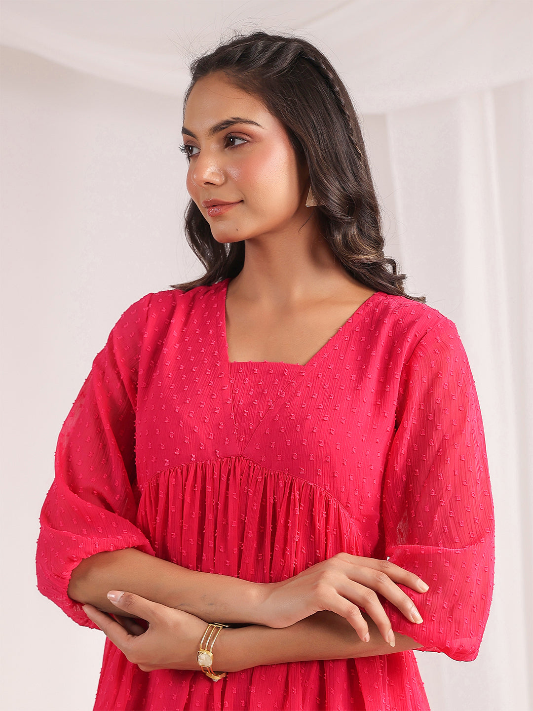 Janasya From Style Master Dobby Georgette Self Design Gathered Top & Bottom Set