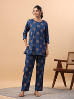 Thumbnail for Janasya Straight Cambric Blue Tribal Round Neck Co-Ords - Distacart