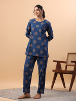 Thumbnail for Janasya Straight Cambric Blue Tribal Round Neck Co-Ords - Distacart