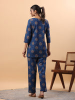Thumbnail for Janasya Straight Cambric Blue Tribal Round Neck Co-Ords - Distacart