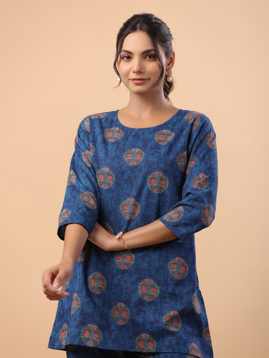 Janasya Straight Cambric Blue Tribal Round Neck Co-Ords - Distacart