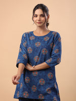 Thumbnail for Janasya Straight Cambric Blue Tribal Round Neck Co-Ords - Distacart
