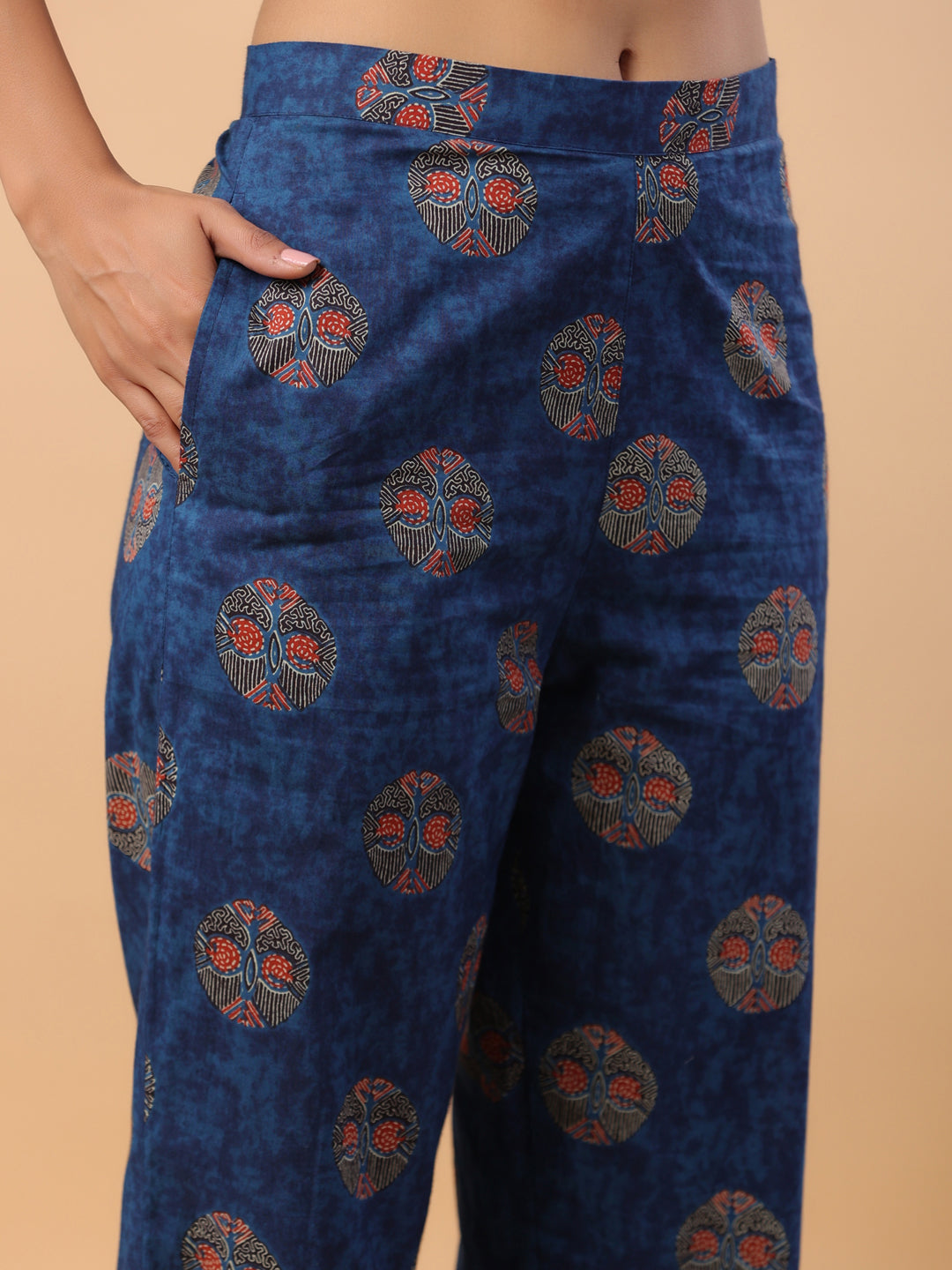 Janasya Straight Cambric Blue Tribal Round Neck Co-Ords - Distacart