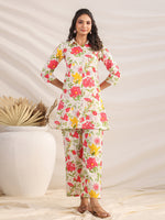 Thumbnail for Janasya Straight Cambric Off White Floral Shirt Collar Co-Ords - Distacart