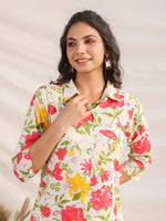 Thumbnail for Janasya Straight Cambric Off White Floral Shirt Collar Co-Ords - Distacart