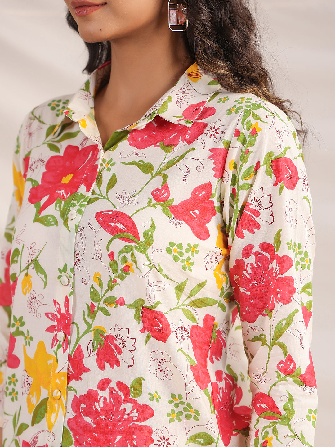 Janasya Straight Cambric Off White Floral Shirt Collar Co-Ords - Distacart