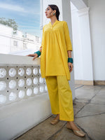 Thumbnail for Janasya Gathered Jacquard Yellow Self Design Band Collar Co-Ords - Distacart