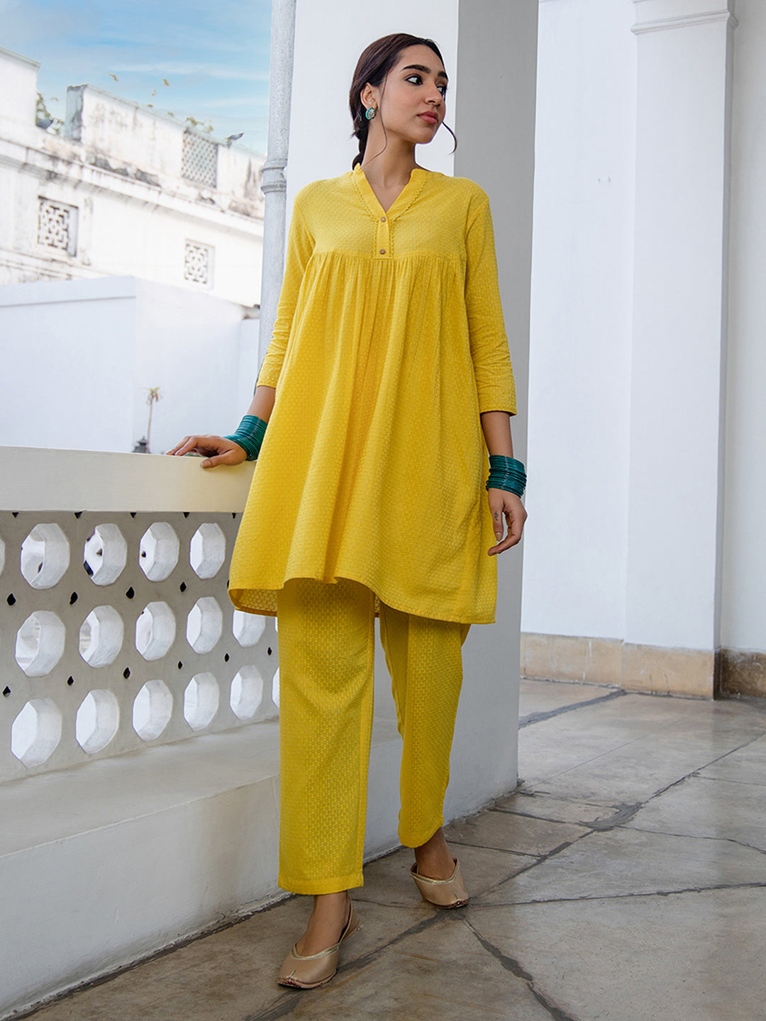 Janasya Gathered Jacquard Yellow Self Design Band Collar Co-Ords - Distacart