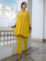 Thumbnail for Janasya Gathered Jacquard Yellow Self Design Band Collar Co-Ords - Distacart