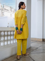 Thumbnail for Janasya Gathered Jacquard Yellow Self Design Band Collar Co-Ords - Distacart