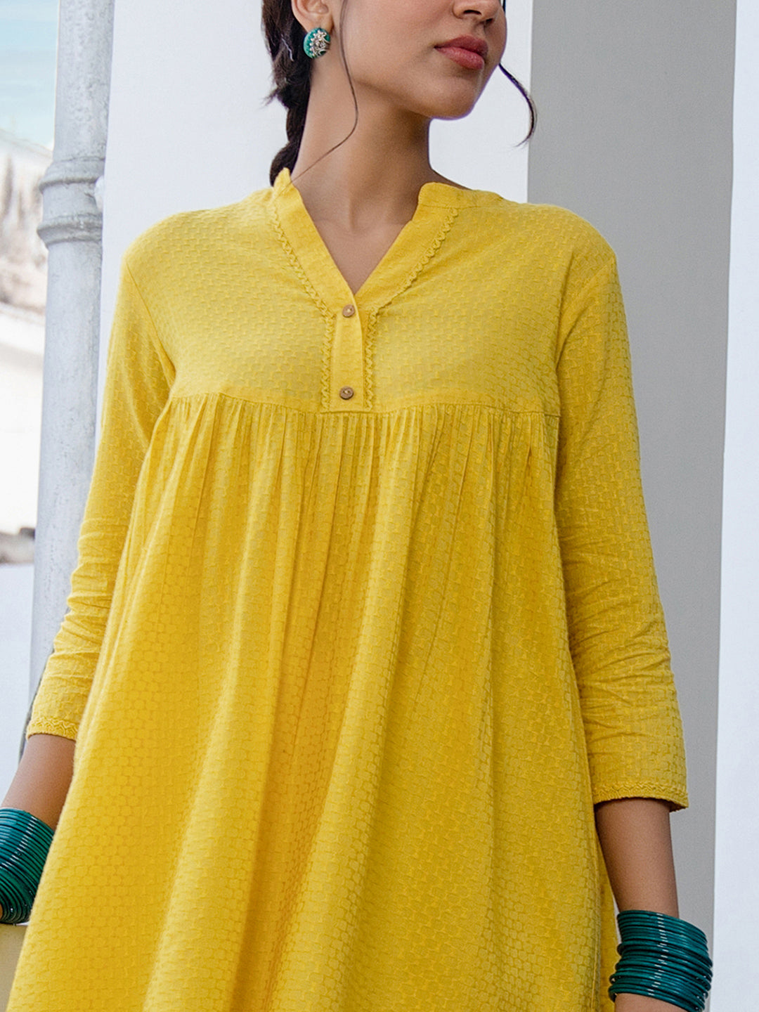 Janasya Gathered Jacquard Yellow Self Design Band Collar Co-Ords - Distacart