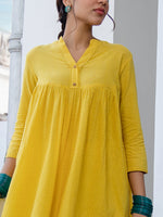 Thumbnail for Janasya Gathered Jacquard Yellow Self Design Band Collar Co-Ords - Distacart