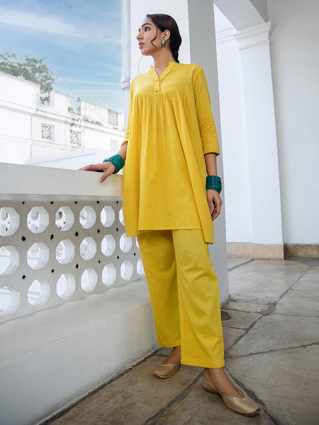 Janasya Gathered Jacquard Yellow Self Design Band Collar Co-Ords - Distacart