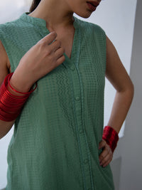 Thumbnail for Janasya Straight Jacquard Sage Self Design V-Neck with Band Collar Kurta & Bottom
