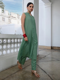 Thumbnail for Janasya Straight Jacquard Sage Self Design V-Neck with Band Collar Kurta & Bottom